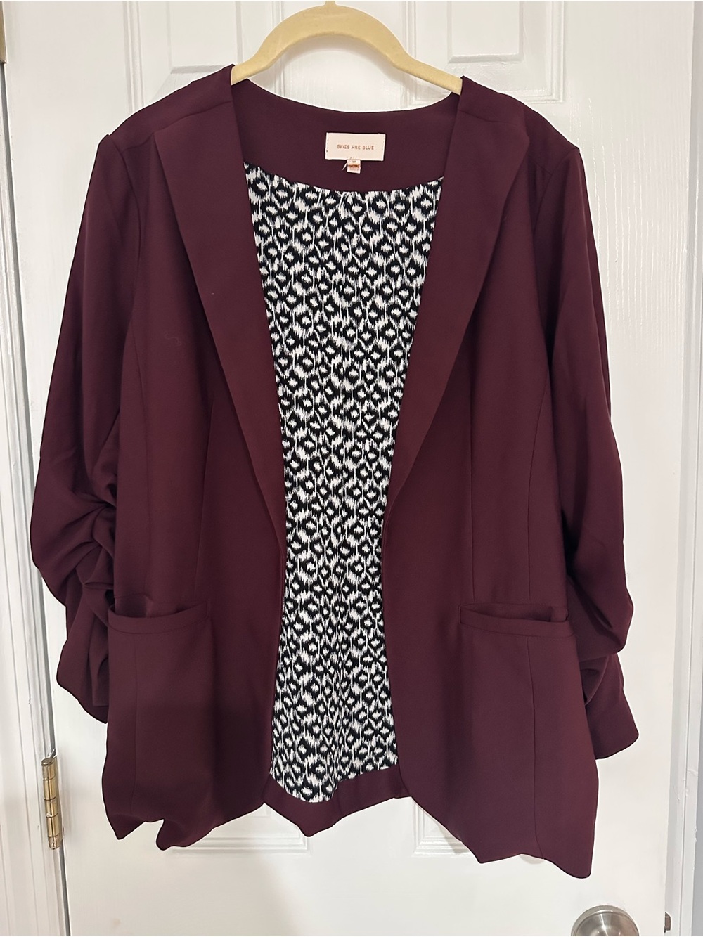 Skies Are Blue Burgundy Open-Front Blazer with Printed Liner